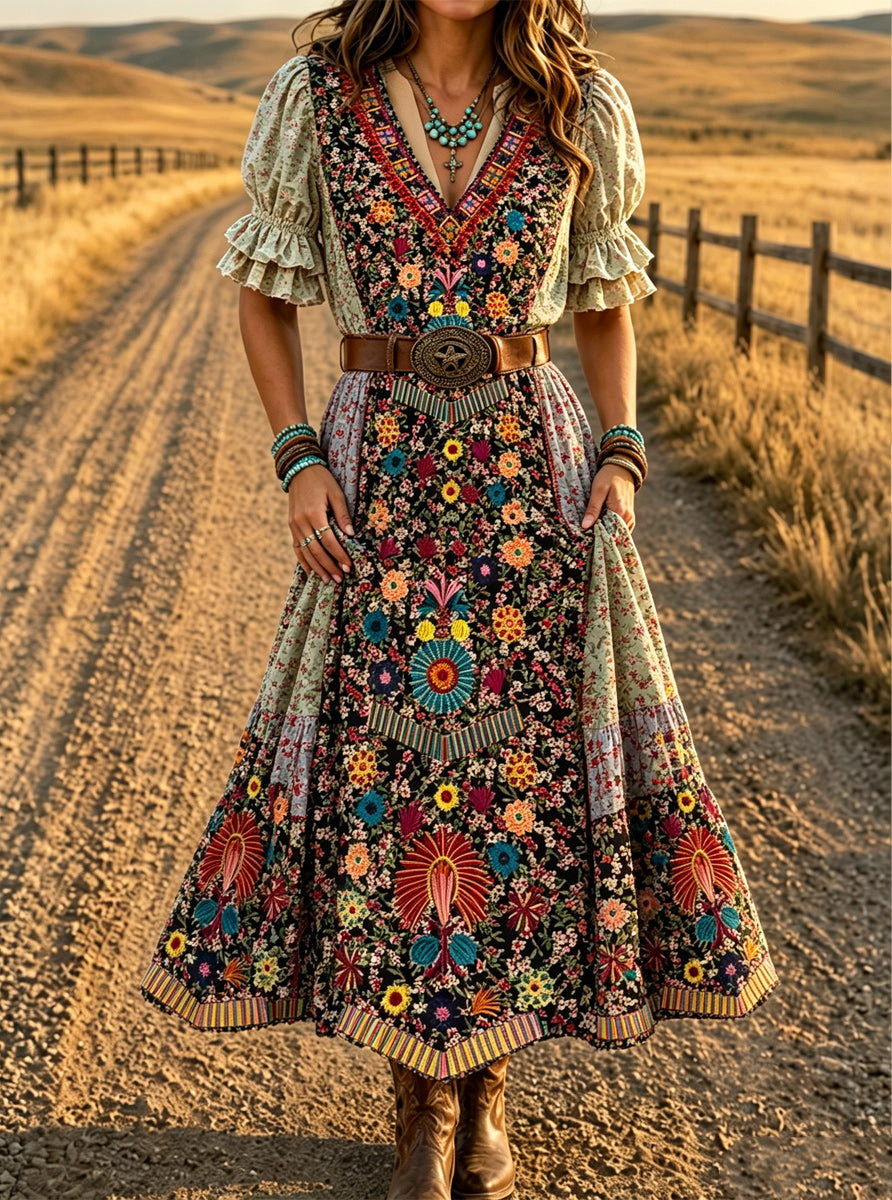 Women's Retro Art Print Washed Cotton Lace Patchwork Midi Dress